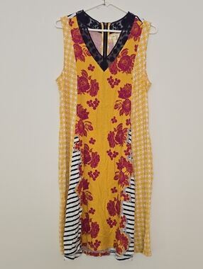 Matilda Jane Yellow Floral Mixed-Print Sleeveless Dress Boho Chic Large